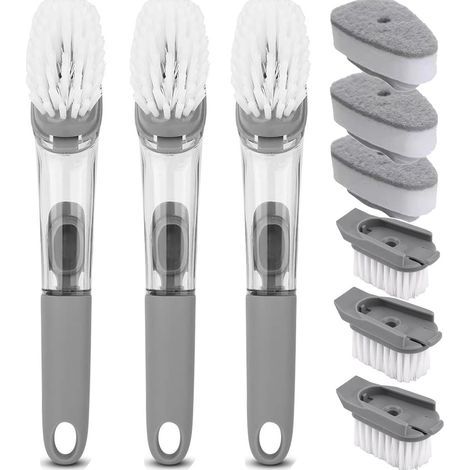 3-Piece Dish Brush Set with Soap Dispenser, Ergonomic Handle, Replaceable Head, for Kitchen and Bathroom (1/5)