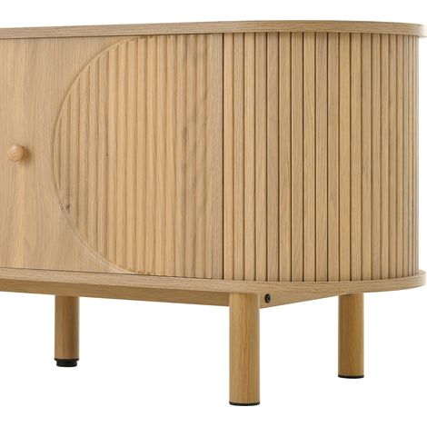 Meuble TV moderne en rotin, tiroirs et étagères ouvertes, plateau arrondi, pieds métalliques effet bois, meuble de salon multifonctionnel. (1/5)
