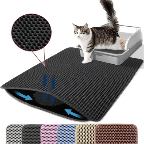 Tapis pour litière chat, 60x45cm, double couche, alvéolé, anti-fuites, antidérapant, imperméable, noir (1/5)