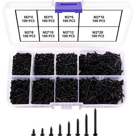 800pcs M2 Cross Head Self Drilling Screws Self Tapping Screw Micro Cylinder Head Screws for Plastic Wood Soft Metal (Black Miniature Screws)