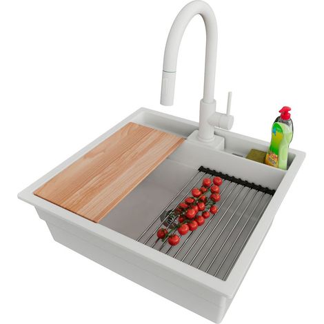 PRIMAGRAN Evier Sous Plan 56x54cm,Evier en Granit 1 bac + Robinet 40x20cm + Kit de Vidage + Accessoires, Évier au meuble 60cm - Bergen Pocket, Blanc