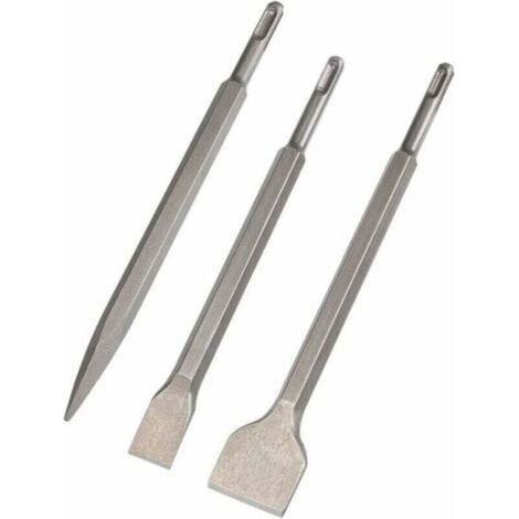 Burins SDS Plus, Set 3 (Burin Large, Burin Plat, Burin Pointu) pour Perceuses Légères et Marteaux à Percussion Travail Standard dans le Béton Carrelage Bloc de Construction