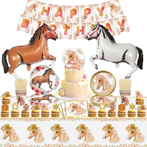 Ensemble de vaisselle de fête d'anniversaire pour 10 invités - Assiettes en carton - Gobelets en carton - Nappe - Décoration de gâteau - Décoration de cupcake - Chevaux - Ballon - Décoration (1/5)