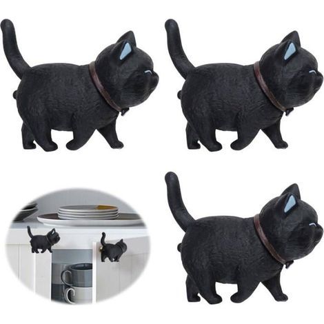 3 Stück schwarze, katzenförmige Möbelknöpfe aus weichem PVC-Gummi, Türgriffe, drehbare schwarze Katzenkopfknöpfe PZCC (1/4)