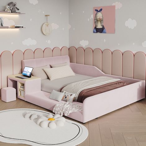 Kinder-Polsterbett 140 x 200 cm mit Schreibtisch, Hocker und Regal, rosa Samt (1/5)