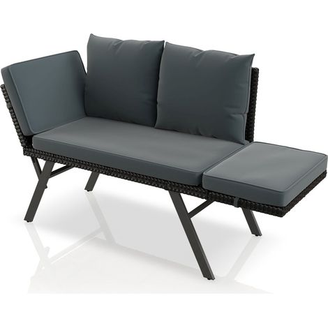 Panca multifunzionale in polyrattan Calvia Nero Grigio Crema Nero Grigio Divano da giardino in polyrattan resistente alle intemperie con funzione lettino (1/2)