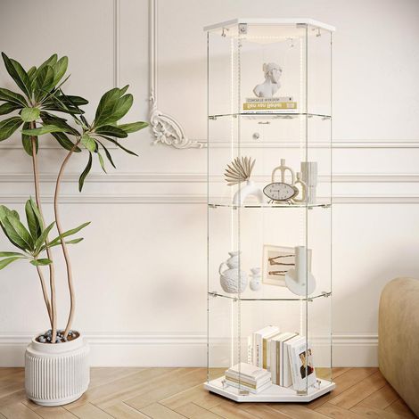 Vitrine en verre 4 étagères avec LED, porte et serrure, design pentagonal blanc (1/5)