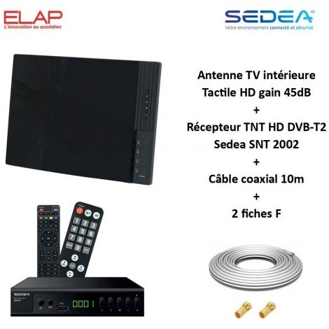 Antenne TV TNT Intérieure Tactile HD VHF UHF, Gain 45dB ELAP + Récepteur TNT HD DVB-T2 Sedea SNT 2002 + Cable coax 10m + 2 fiches F (1/5)