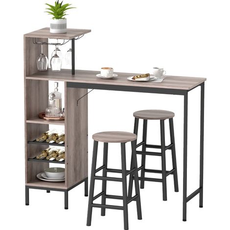 Table haute de bar 3 pièces avec rangement à vin, porte-verres et tabourets repose-pieds pour petits espaces, gris - CHICFURN (1/5)
