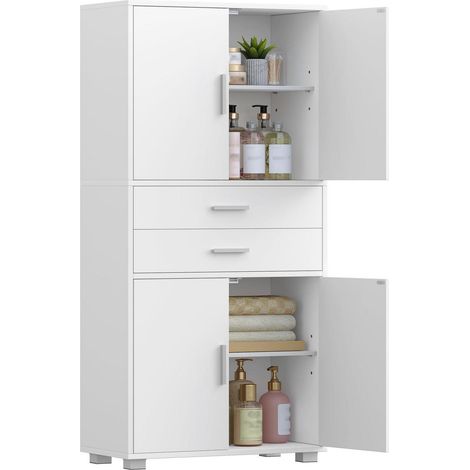 Badezimmerschrank Hoch mit 4 Türen und 2 Schubladen, Weiß