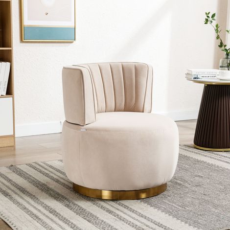 Fauteuil pivotant 360° en velours beige, dossier enveloppant, assise rembourrée, structure bois et métal, 62,5 x 62 x 69,5 cm (1/5)