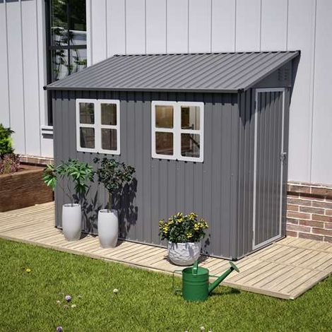 BIRCHTREE 4x8ft Lean To Garden Shed Metal Storage Tool House Pent Roof Grey (1/5)