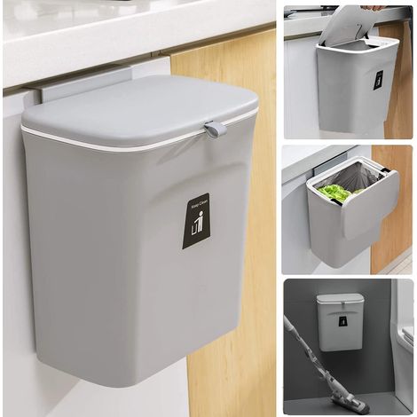 Poubelle suspendue avec couvercle, 9 litres, petite poubelle à suspendre, poubelle de cuisine, poubelle à suspendre, poubelle murale pour camping-car, salle de bain, gris (1/5)