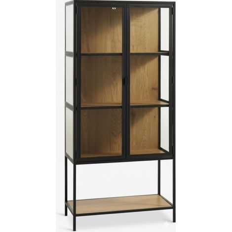 ORION91oficial® - Armario Alto Vitrina  Estilo Industrial  Chapa artificial  Acero y Cristal Templado  2 puertas y 2 estantes  70x152x35 cm  Color Roble Cálido/Negro - spaziOrion91