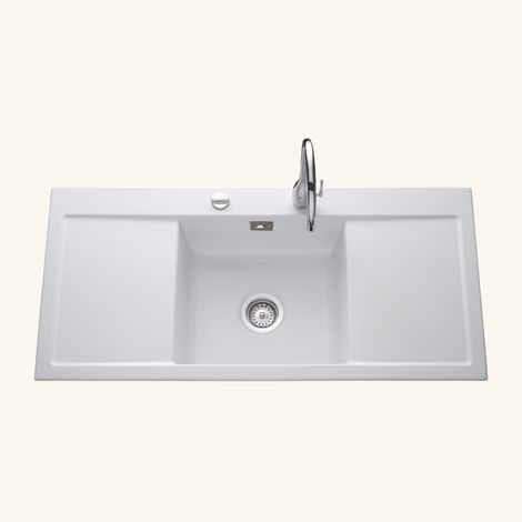 Évier céramique blanc mat 1 bac – Double égouttoir – À encastrer – Trop plein inclus – Dimensions 1060x510mm – Systemceram (1/5)