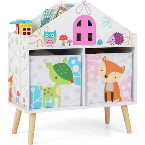 Libreria per bambini a forma di casa 62 x 30 x 72 cm con 4 ripiani e 2 contenitori estraibili stile colorato MDF bianco 200020515