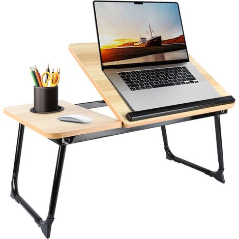 ® Table d'appoint pour ordinateur portable au lit, petite table de travail pliable, support pour ordinateur portable/carnet en bambou, table de lit/canapé, 56 x 33 x 24 cm, couleur bois naturel (1/5)
