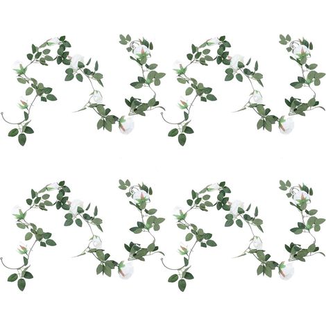 Vigne de Roses artificielles de 2.4m, 4 pièces, 9 têtes, guirlandes de Fleurs avec Feuilles Vertes Pliables, pour décoration de Jardin, fête de Mariage (White) (1/5)