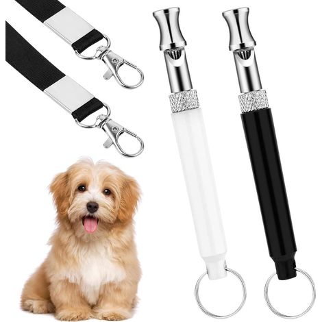 Lot de 2 sifflets pour chien - Sifflet avec cordon - Sifflet ultrasonique - Sifflet de dressage - Aide au dressage - Appareil de dressage ultrasonique pour chien - 8 cm - Noir et blanc (1/5)