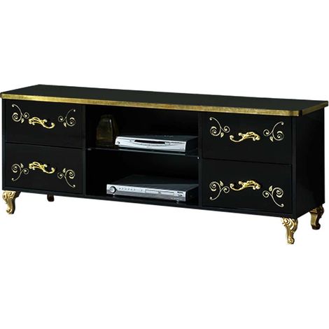 Meuble TV design bois vernis brillant noir et doré Jade 160cm (1/3)