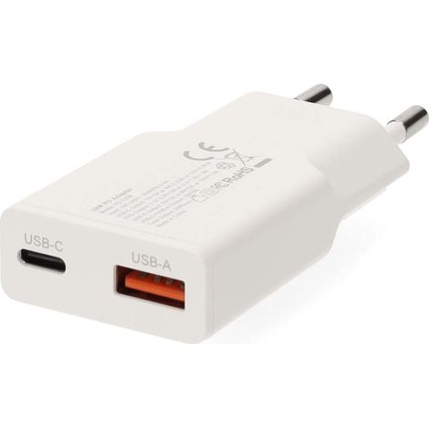 Nedis Netzladegerät / GaN / PD3.0 / 1.5 / 2.0 / 2.5 / 3.0 A / Anzahl der Ausgänge: 2 / USB-A / USB-C™ / USB-C™ (Lose) Kabel / 1.50 m / Automatische Spannungswahl / Weiss