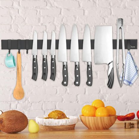 1 Stück 59CM Schwarz Magnetischer Messerhalter mit 4 Haken Schwarz Stark Magnetisch