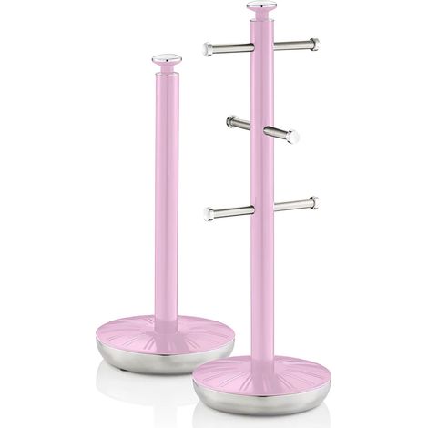 SWAN SWKA1054PN Retro Set Porte-Papier de Cuisine + Porte-Tasses pour 6 Tasses, Acier Rose (1/4)