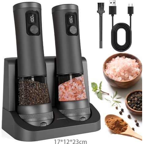 Ensemble de moulins à sel et à poivre électriques, broyeur à épices automatique rechargeable 2 pièces avec base de rangement et présentoir pour la cuisine domestique (1/5)