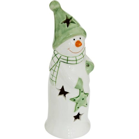 Muñeco de nieve navideño luminoso con LED, de cerámica verde, 18 cm de altura - Feeric lights & christmas (1/2)