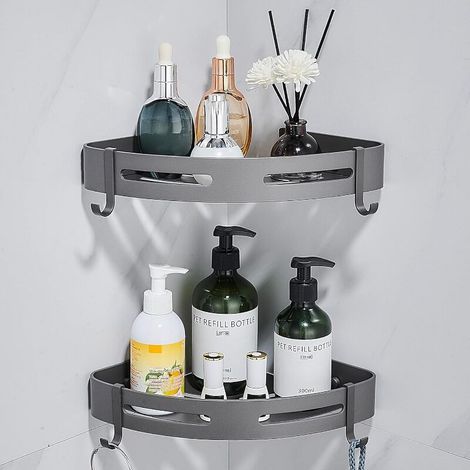 Porte-savon d'angle pour douche, sans perçage, accessoire de en aluminium résistant à la rouille, avec crochets (2 pièces) (1/5)