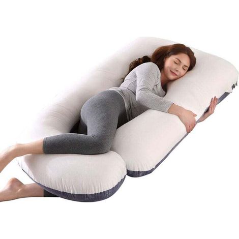 Coussin de Grossesse pour dormir, Coussin d'allaitement,Grand Coussin allaitement en forme de U de maternité avec Housse en Velours remplaçable et Lavable (Gris&Blanc-Velours)