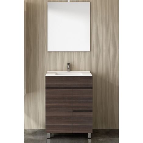 Set da bagno Isquia 2 cassetti e due ante - 7 colori diversi - 15 misure - Include mobile, lavabo e specchio - Frassino Tea 60x45Cm (1/3)