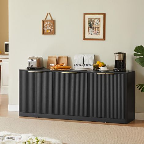 Buffet bas de salon, 170x40x70.5cm, Meuble de rangement moderne avec portes ondulées, Grand buffet 6 portes en MDF pour cuisine et séjour, Noir (1/5)