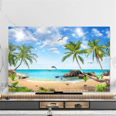 TV Protective Cover, 3D Sand Beach Pattern, Dustproof TV Screen Cover, Indoor TV Cover for 32-80 inch TVs (Coconut Palm, 37-39 inch) (1/5)