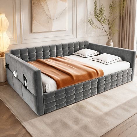 Cama tapizada 140x190 de terciopelo gris con 2 cajones y bolsillos de almacenamiento OKMYHOME (1/5)