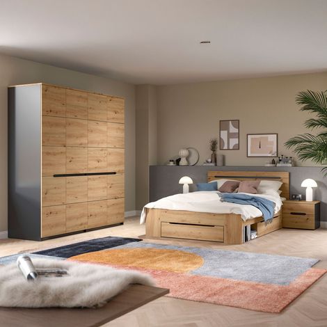 Ensemble lit 144x205x87cm + 2 chevets + armoire décor naturel - KANUT