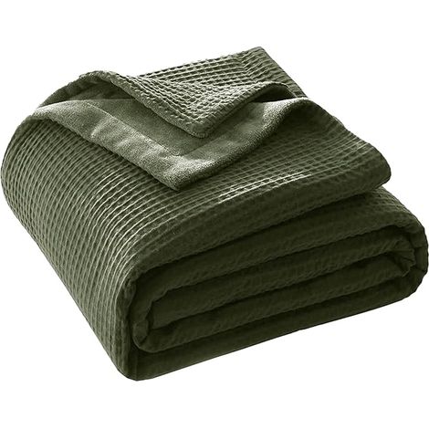 Couverture en coton - 150 x 200 cm - Couverture en coton et velours - Douce - Chaude - Pour canapé, lit - Olive (1/5)