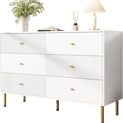 Commode 6 tiroirs blanche en MDF, 120 x 40 x 78 cm, avec poignées en alliage de zinc et pieds en acier, pour chambre, salon ou entrée - CHICFURN (1/5)