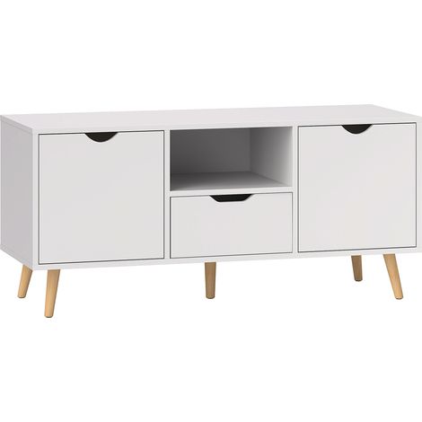 GagaMeuble TV pour ecran jusqu'a 50 pouces avec tiroir et etageres 110x40x50 cm Blanc et bois (1/5)