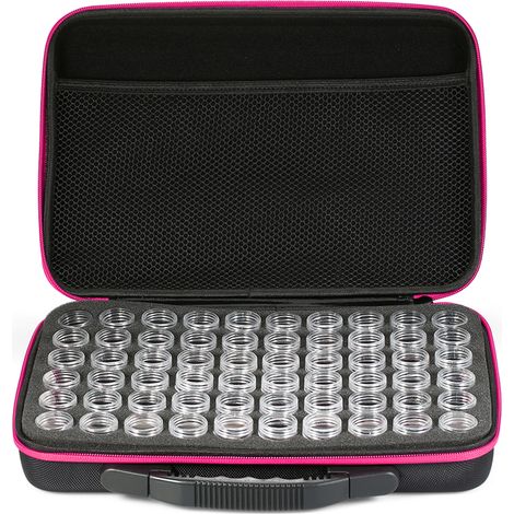 Boîte de rangement pour diamond painting 60 flacons anti-choc antichute fermeture à double zip pour strass broderie et rhinestones - Rouge rosé (1/2)