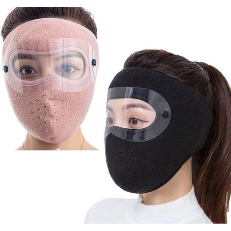 Lot de 2 masques faciaux thermiques pour cyclisme, tissu polaire respirant et régulant l'humidité, avec lunettes amovibles, pour vélo, ski et moto, noir et rose (1/5)