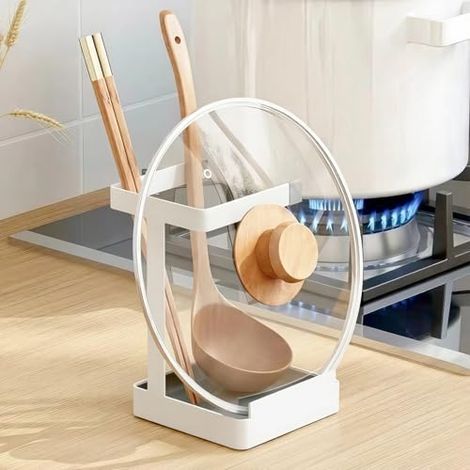 Soporte para tapas y cucharas de encimera – Soporte para tapas de ollas con bandeja recogegotas extraíble, soporte para cucharas y tapas para cocinar, 10 x 10 x 15 cm (blanco) (1/5)