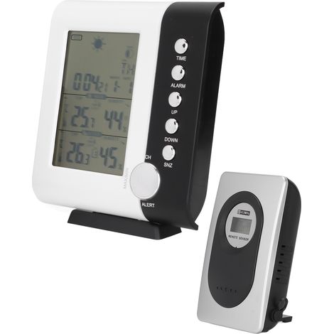 Multifunktionale Wetteruhr, digitales Thermo-Hygrometer mit Alarm und Wettervorhersage für den Innen- und Außenbereich. (1/5)
