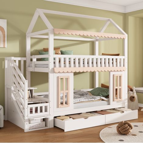 Cama litera infantil casa 90 x 200 cm, blanco y natural OKMYHOME (1/5)