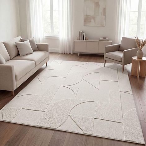 Shaggy Tapis Chambre Haut Poil Bohème Scandi Abstrait Unis Lavable Geometrique, Crème 2, 120x160 cm (1/5)