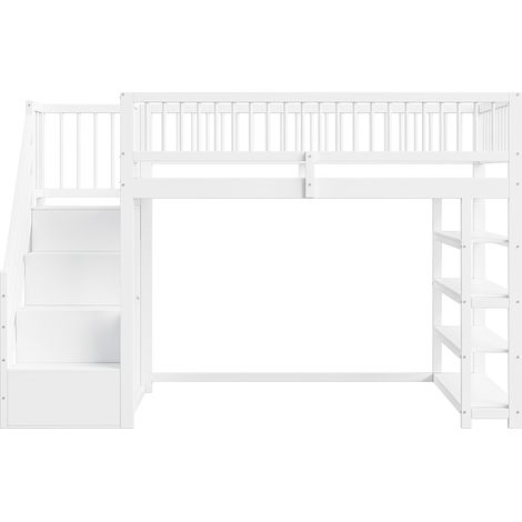 Cama alta 90 x 200 cm con armario, estantes y almacenamiento, escalera segura, blanca (1/5)