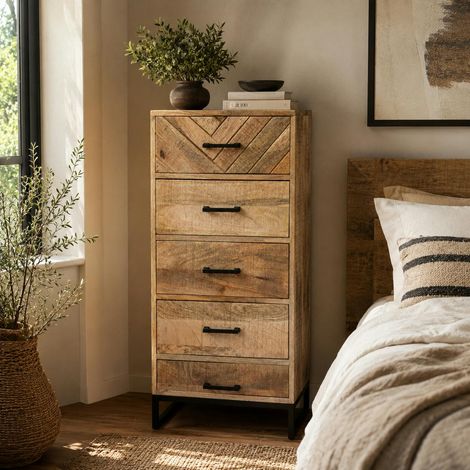 Commode étroite en bois de manguier 5 tiroirs BRIX (1/4)