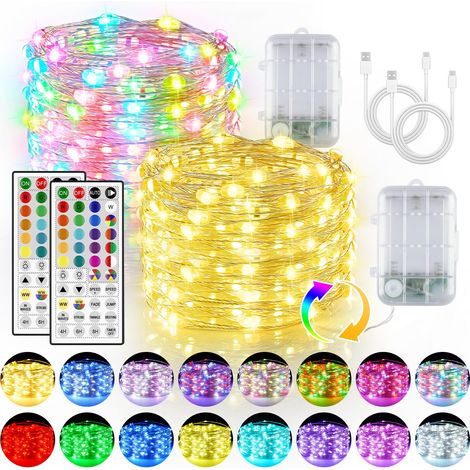 Lot de 2 guirlandes lumineuses LED colorées avec batterie et USB, 16 couleurs, 132 modes, guirlande lumineuse d'intérieur avec télécommande, 5 m, 50 LED, fonctionne avec piles pour Noël et fête (1/5)
