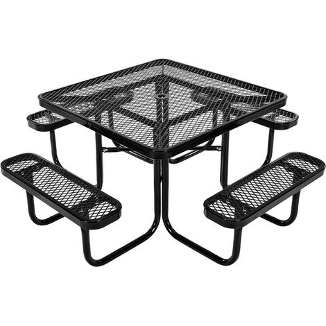 Table de pique-nique robuste 1160 mm avec bancs, ensemble table carrée et banc d'extérieur en acier enduit, résistant aux intempéries, avec trou pour parasol, pour jardin, cour, porche, noir (1/5)