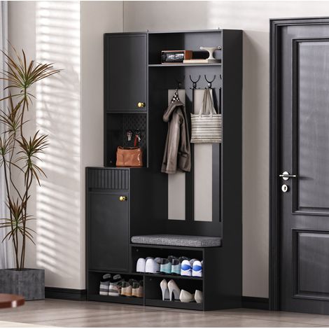 Conjunto perchero de entrada en MDF negro con 4 ganchos, 100 x 35 x 180 cm, banco acolchado, armario, cajones y panel perforado (1/5)